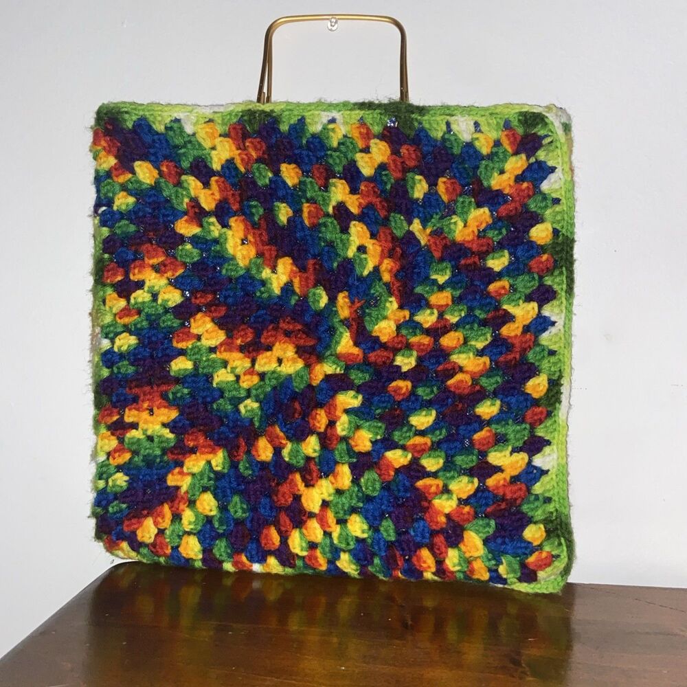 Vtg 70s Crochet Rainbow Market Bag Spain Polyethylene Mesh Tote Boho Festival